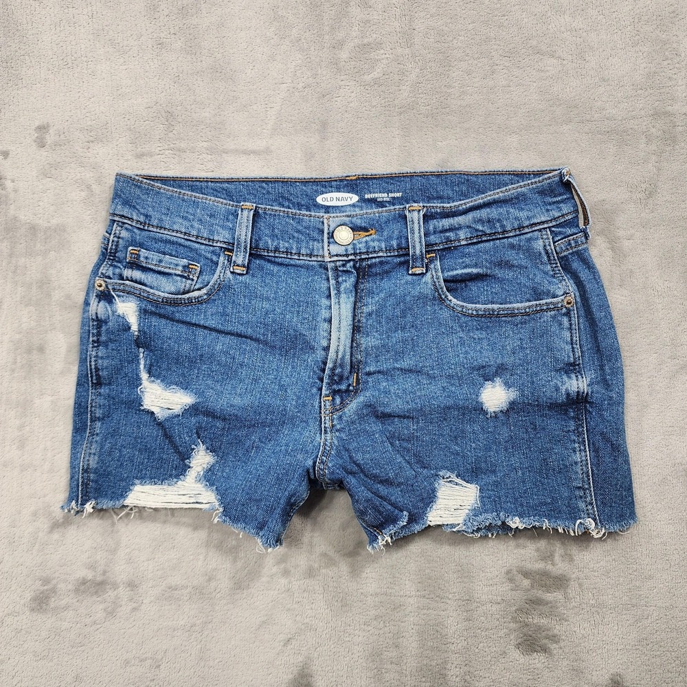 Old Navy Shorts Womens 4 Blue Mid Rise Boyfriend Distressed Cutoff Raw Hem Denim